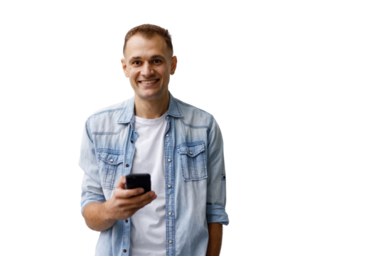 Smiling man holding mobile phone, using smartphone app, enjoying connection and communication, transparent background