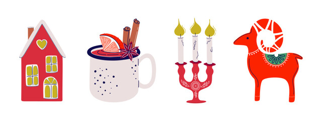 Cozy Christmas Holiday elements collection. Cute vintage festive set including yule goat, decorative house, mulled wine, candle. Traditional Scandinavian symbols. Hand drawn vector illustration