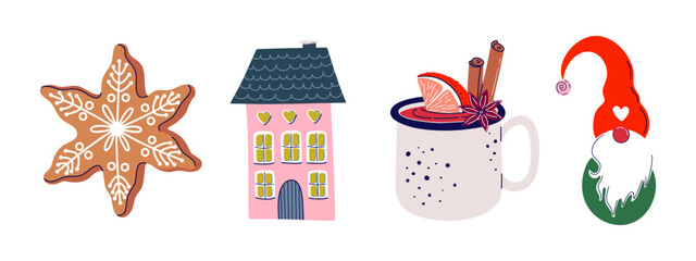 Cozy Christmas Holiday elements collection. Cute festive set including Winter cookie, decorative house, mulled wine, Gnome. Traditional Scandinavian symbols. Hand drawn flat design vector illustration