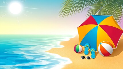 Colorful beach scene with umbrella, balls, and flipflops on sandy shore beside turquoise ocean under a bright sunny sky