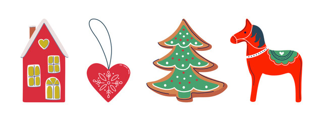 Vintage Winter holidays set. Festive Christmas elements including house, heart bauble, gingerbread, horse figurine. Traditional Scandinavian symbols. Hand drawn flat design vector illustrations.
