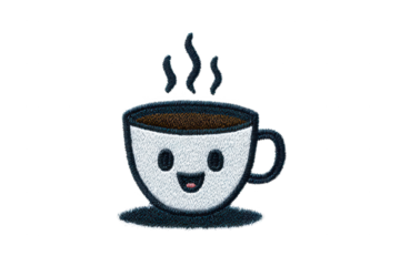 High quality photo of a steaming cup of coffee with a cute cartoon face isolated on transparent background