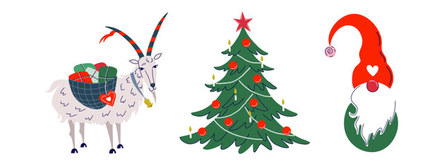 Festive Christmas elements including Yule Goat, Decorated Tree, and Gnome. Vintage happy holidays set. Traditional Scandinavian symbols. Hand drawn flat design vector illustrations.