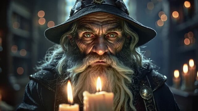  Anciano mago de larga barba blanca con mirada penetrante 