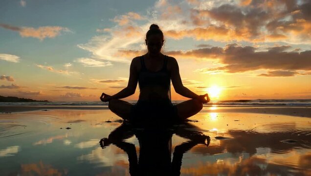  Mujer meditando en orilla de una playa infinita