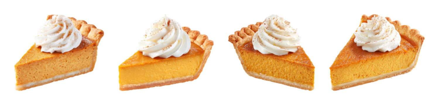 Delicious slices of festive pumpkin pie topped with creamy whipped cream and a sprinkle of cinnamon, presented as a PNG set with transparent background