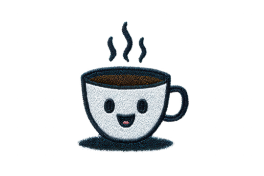 High quality photo of a steaming cup of coffee with a cute cartoon face isolated on transparent background