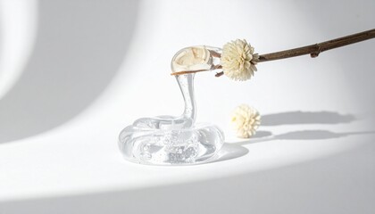 Moisturizing skincare cleansing gel with hyaluronic acid and dry branches and flowers. Trending conceptual art composition with lights and shadows for presentation premium hydration cosmetic products