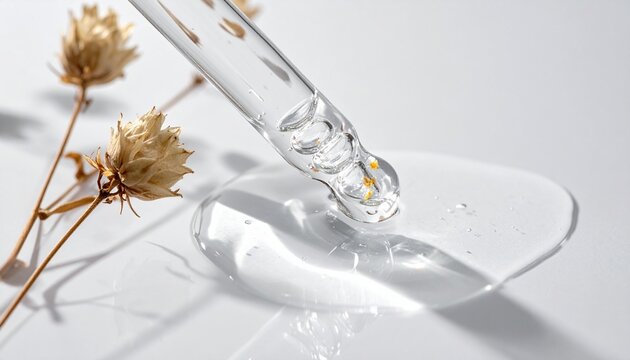 Glass pipette with niacinamide and biotin serum drops &mdash; minimalist skincare presentation with dried florals