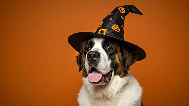 Saint Bernard Dog Dressed Up for Halloween - A cute Saint Bernard dog wearing a black witch hat with pumpkin patterns is posing against an orange background.