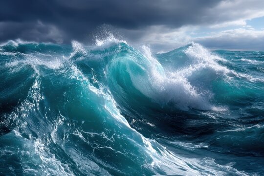 Fototapeta Turbulent ocean waves crash under a cloudy sky during a stormy day by the coastline