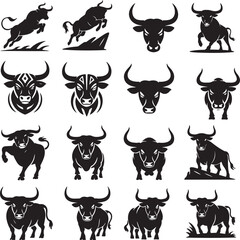 Collection of Sixteen Stylized Bull Silhouettes in Vector Format for Various Design Applications and Graphic Projects