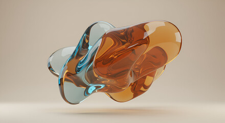 Abstract glass sculpture with blue and amber hues on a neutral background