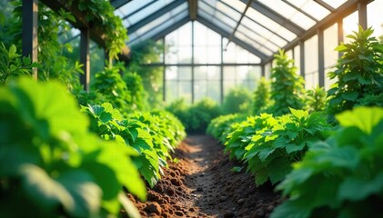 Sunlit Greenhouse Plants Thriving Lush Greenery, Vibrant Growth, Summer Gardening