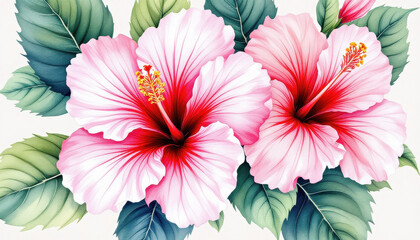 Vibrant Hibiscus Flowers with Tropical Green Leaves on White Background