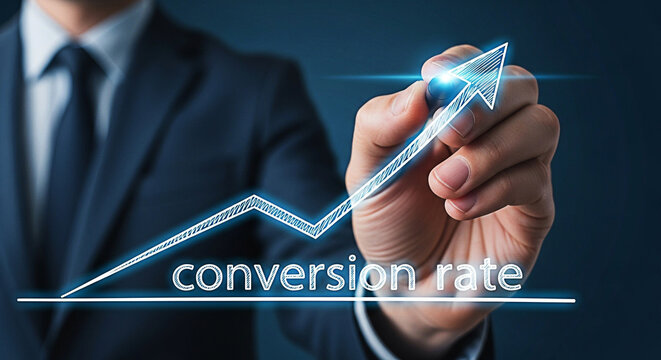 Businessman drawing conversion rate graph showing growth and success in business strategy and marketing analytics on a digital interface