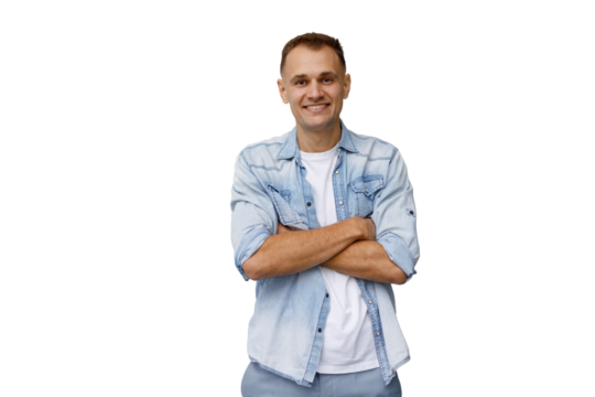 Smiling confident man posing with crossed arms, wearing denim shirt and white t-shirt, transparent background