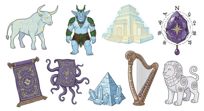 Fantasy Set with Mythical Creatures, Magic Items and Ancient Artefacts