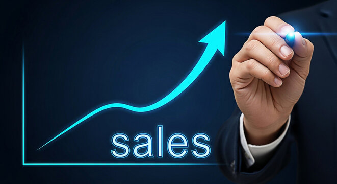 Hand drawing sales growth chart with upward arrow on a digital interface for business success and financial performance improvement concept