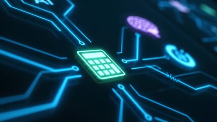 Futuristic digital calculator design featuring neon colors and intricate circuit patterns, showcasing technology and innovation in electronic data interface connectivity - Powered by Adobe