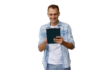 Casual man smiling, using digital tablet for online browsing, mobile communication, and remote work, transparent background