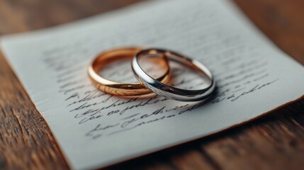 Elegant Wedding Rings on Vintage Letter with Warm Wood Background and Soft Lighting