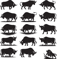 Powerful Bull Silhouette Collection Representing Strength and Determination in Business and Finance Markets with Black and White Design