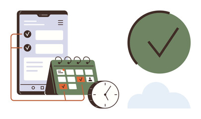 Digital checklist on a smartphone, calendar with marked dates, clock, large green checkmark, and a cloud. Ideal for productivity, time management, planning, scheduling organization task tracking