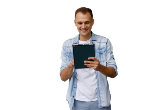 Casual man smiling, using digital tablet for online browsing, mobile communication, and remote work, transparent background - Powered by Adobe