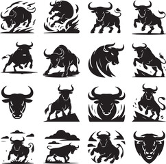 Powerful Bull Silhouette Collection Vector Illustration Showing Strength Determination and Aggression Perfect for Sports Team Logos and Business Branding Projects