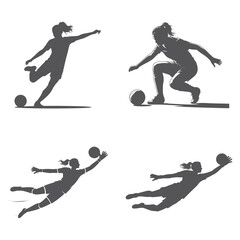 Four dynamic silhouette illustrations of female soccer players in action on a white background silhouette