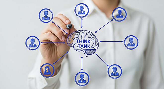 Person drawing a think tank concept with connections to people on a transparent screen in a bright office environment showing collaboration