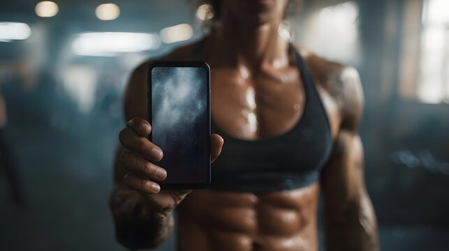 A fit muscular athlete holds up a smartphone displaying a transformation image in a dimly lit dusty gym environment