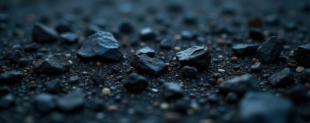 Environmental Pollution Close-up of Scattered Black Litter on Dark Surface, Stark Image Highlighting Waste Disposal Impact