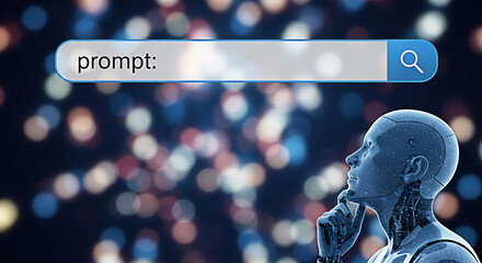 Ai robot contemplates prompt in search bar with bokeh lights background for artificial intelligence and machine learning concepts and future technology