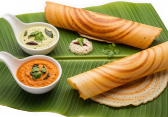 Authentic south indian dosa with coconut chutney and sambar served on banana leaf