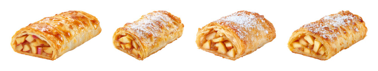 Golden apple strudel pastry with delicate dusting of powdered sugar, appetizing bakery delight PNG set with transparent background