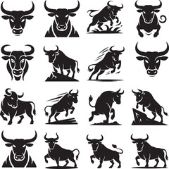 Powerful Bull Silhouettes Collection Vector Illustration of Diverse Poses and Angles for Creative Design Projects