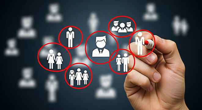 Hand selecting target audience icons with a marker for marketing strategy on a dark background focusing on customer segmentation and demographics - Powered by Adobe