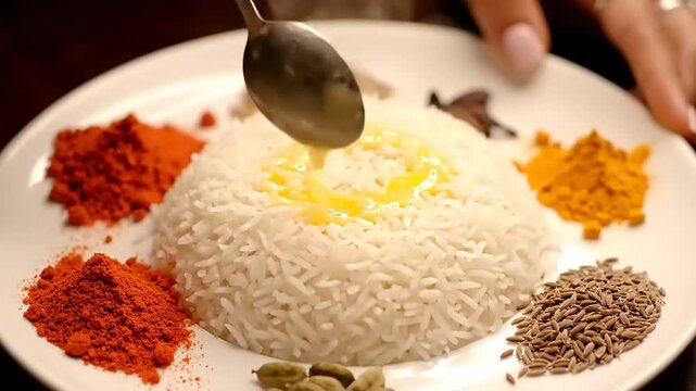 Butter being drizzled over basmati rice.