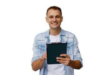 Happy casual man smiling, interacting with digital tablet, browsing content, standing on transparent background