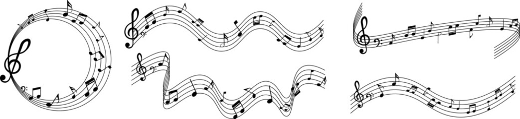 Set of black musical notes and staves with treble clefs in circular and wavy forms. Vector illustration for music, concert, and artistic design projects