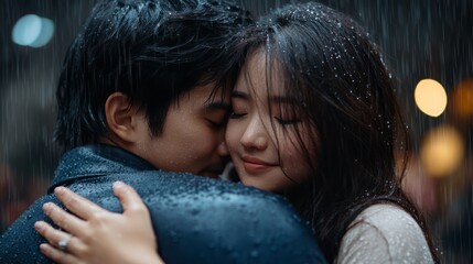 Romantic couple embracing under rain, capturing love, intimacy, and emotion in a magical atmosphere