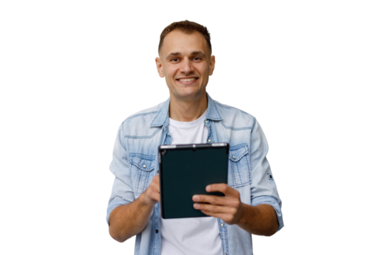 Happy casual man smiling, interacting with digital tablet, browsing content, standing on transparent background