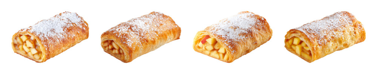 Golden Apple Strudel Pastry dusted with powdered sugar, offering a comforting, homemade feel for bakery promotions and food blogs PNG set with transparent background