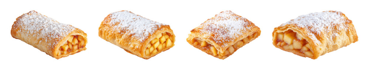 Freshly Baked Apple Strudel with Powdered Sugar, Warm and Golden Pastry, Delicious Homemade Dessert PNG set with transparent background