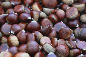 Fresh brown chestnuts in box at market. Autumn harvest of organic nuts, natural background, concept of healthy seasonal food, vegan nutrition, and local agriculture.