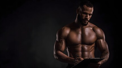 Muscular man with beard holding a clipboard and pen in a dark studio with dramatic lighting