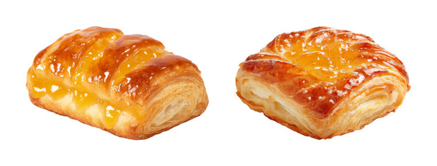 Delicious golden-brown pastry with sweet fruit filling, showcasing flaky layers and a glistening glaze, perfect for breakfast or dessert PNG set with transparent background