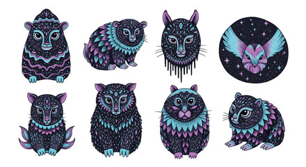 Naklejka premium Mystical Animal Illustrations with Whimsical Design Elements and Vibrant Color Palette